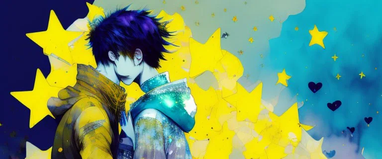 portrait anime man kissing man, ,yellow, stars hearts water, blue, watercolor, Yoshikata Amano, Edwin Landseer, Ismail Inceoglu, Russ Mills, Victo Ngai, Bella Kotak, hyperdetailed 8K resolution HDR DSLR, ultra detailed, ultra quality, CGSociety, intricately detailed, color depth, gliter, kiss