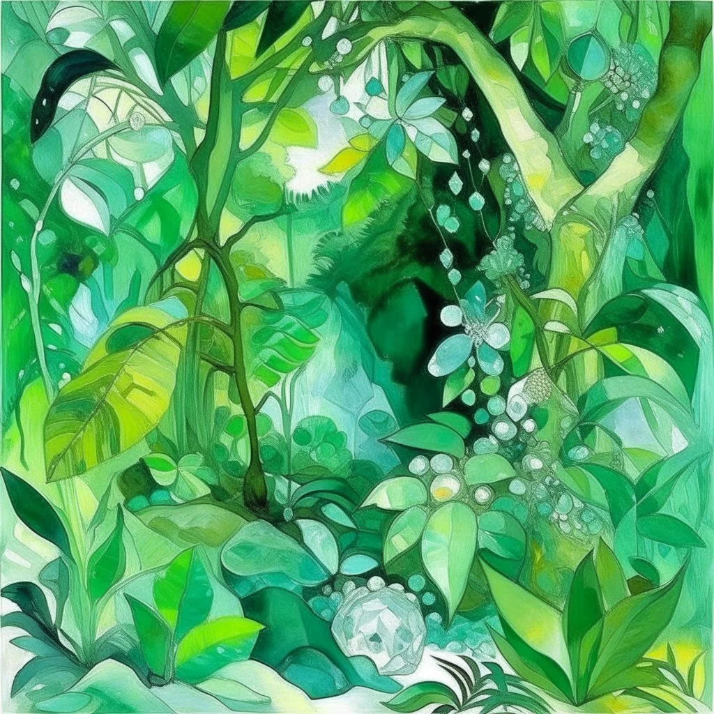 A mint colored jungle with crystals and gems painted by Paul Cezanne