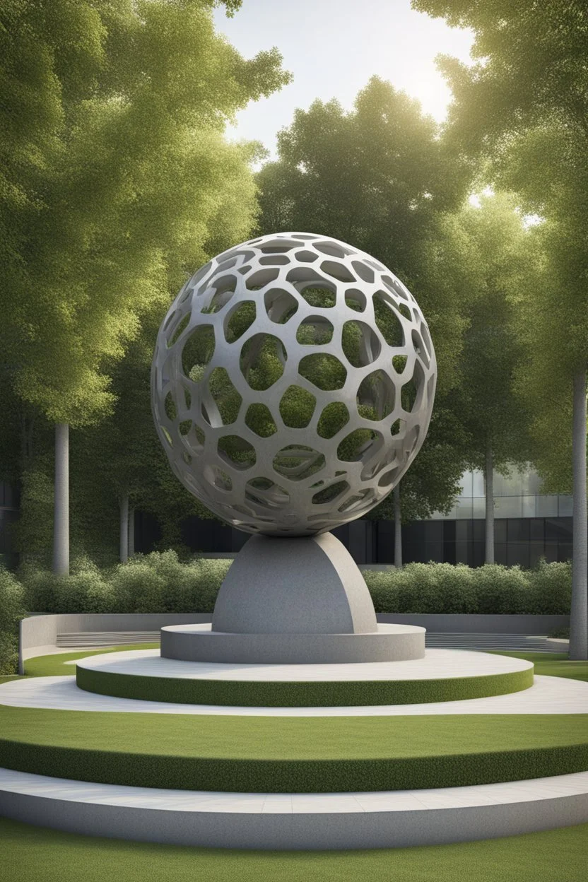 оформление территории со статуей шара виде атома/молекула