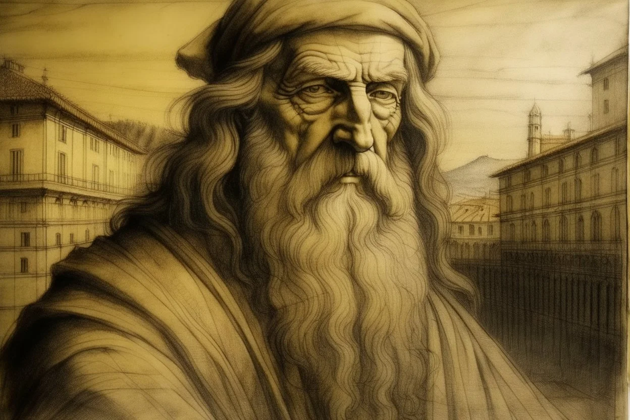 leonardo da vinci in firenze in sunshine, shading pastel and charcoal