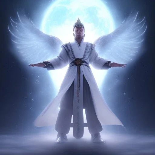 the main character. He’s to look like a powerful angel with white robe, symbols on hands glowing, His background should be that of space above with stars and standing on a paradise of a planet. His belt can transform into a white dragon.