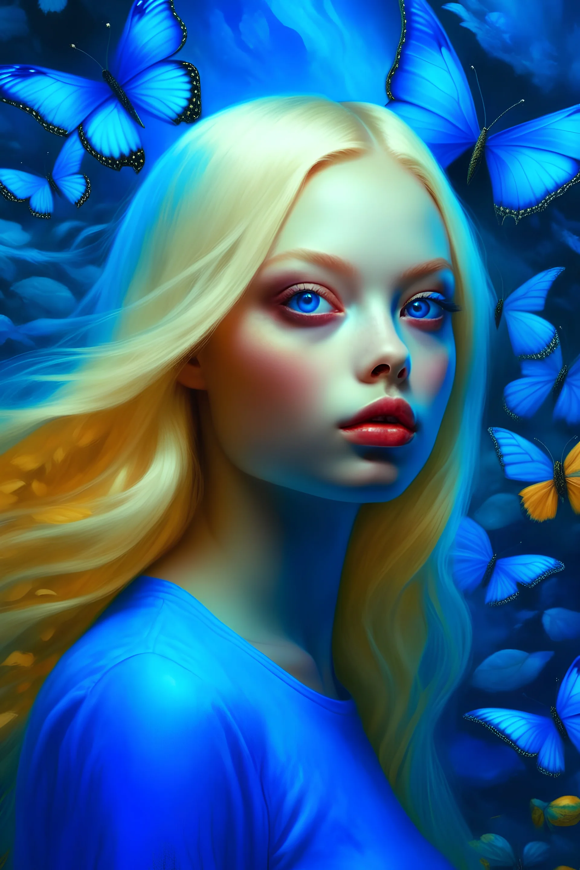 Butterfly effect in digital painting, blonde, azure, in the style of psychological portraits, anton fadeev, caras ionut, organic and flowing forms, blink - and - you - miss - it detail, scattered composition, serene faces