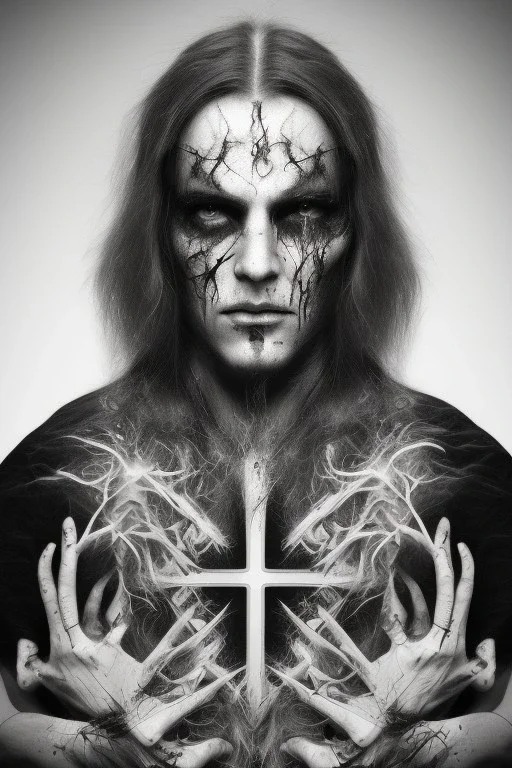 Symmetric portrait of a man with black metal facepaint, with long white hair, with a gothic Christian cross on his chest, with bloody eyes