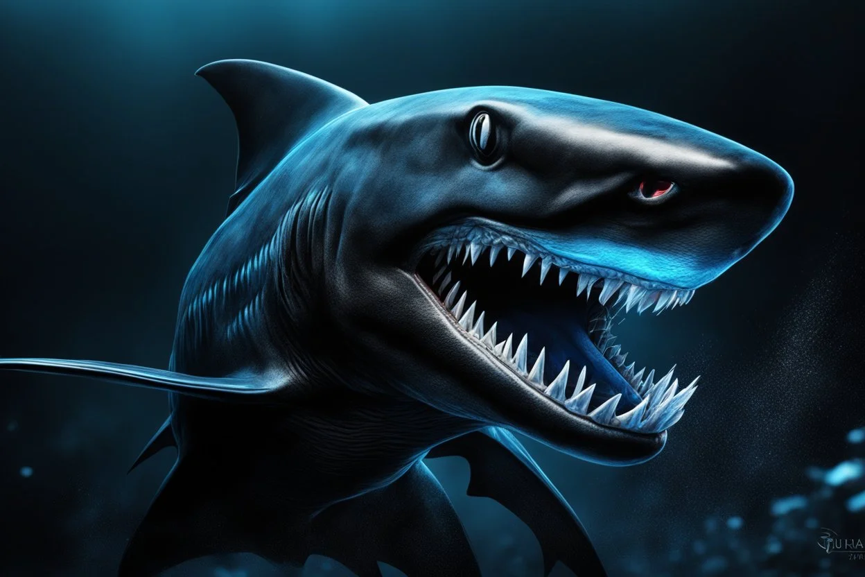 Black shark in 8k venom drawing, symbiote effects, blue lights, sea, intricate details, highly detailed, high details, detailed portrait, masterpiece,ultra detailed, ultra quality