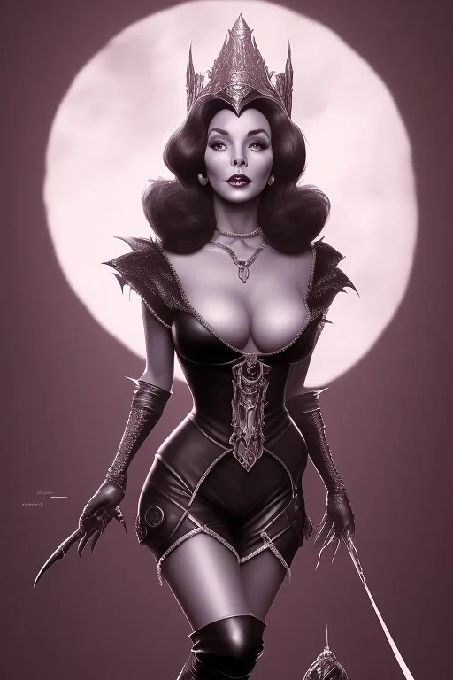 Joan Collins as evil queen in black leather, leather, busty, cleavage, angry, stern look. character design by cory loftis, fenghua zhong, ryohei hase, ismail inceoglu and ruan jia. unreal engine 5, artistic lighting, highly detailed, photorealistic, fantasy