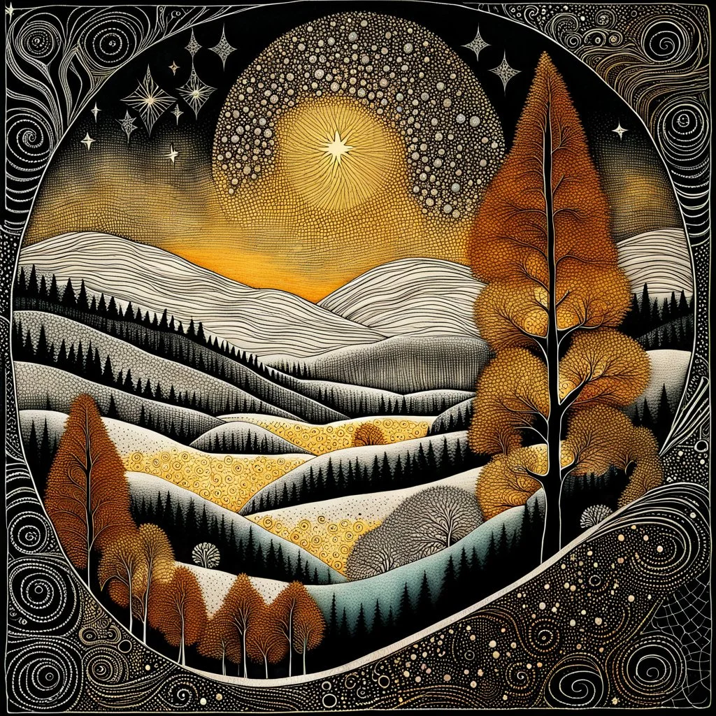 Vibrant, whimsical Mandelbrot fractal, winterly Tuscany landscape with frosted cypress trees, mountains, one single shooting star between clouds of silver and gold, richly textured acrylic ink and charcoal line art, in a zentangle style mix, blending Amanda Clark's fantastical elements and Catrin Welz-Stein's intricate details with Eyvind Earle's subtle earth tones and Georges Braque's bold geometri