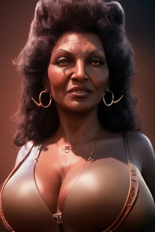 Pam Grier as evil queen in black leather, leather, busty, cleavage, angry, stern look. character design by cory loftis, fenghua zhong, ryohei hase, ismail inceoglu and ruan jia. unreal engine 5, artistic lighting, highly detailed, photorealistic, fantasy