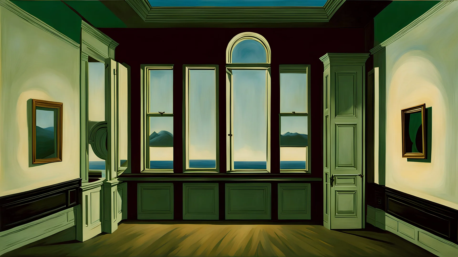 René Magritte surreal art, deep rich colors, magic lighting