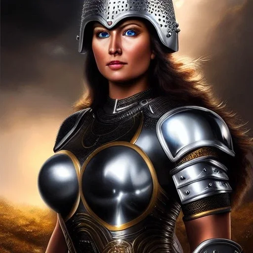 Ultra detailed fullbody Portrait in oil on canvas of busty female Lusitanian warrior with armor,helmet,extremely detailed digital painting,ultrarealistic skin,intense stare, extremely detailed face, crystal clear eyes, mystical colors ,perfectly centered image, perfect composition, rim light, beautiful lighting,masterpiece ,8k, stunning scene, raytracing, anatomically correct, in the style of Simon Bisley and Ohrai Noriyoshi and robert e howard and Steve Jung and Wizyakuza and uncannyknack.