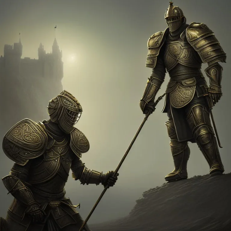 a Midieval knight in metallic gold and grey battle armor, attacking and holding a hockey stick, a highly detailed illustration, background of Celtic castle, realistic render, in style of tomasz alen kopera,