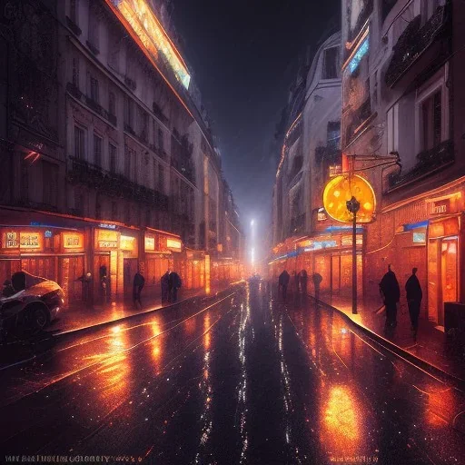 Cyberpunk street view in night, Paris, rain, ground reflection