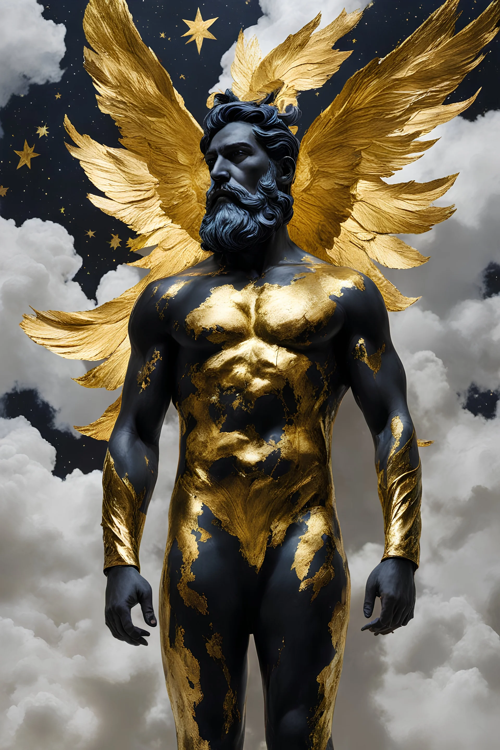 Otherworldly, Otherworldly, George Baselitz Iris Van Harpen handsome young stoic bearded powerful ZEUS open the clouds starry skies thunders, detail faces and body parts, total body-paint gold leaf, back view bottom