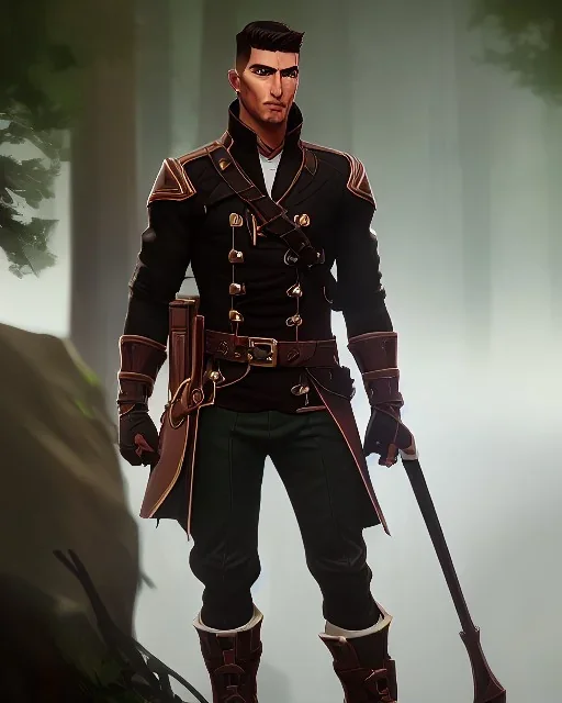 muscular male ranger, slender build, leather pants, black fur boots, belt, brown leather hood, short beard and mustache, long brown hair, stoic, long bow, green eyes, eyes are both in proportion, 3/4 look, standing, dark cobblestone alley, forest, intense, non-photorealistic rendering in the art style of j.scott campbell