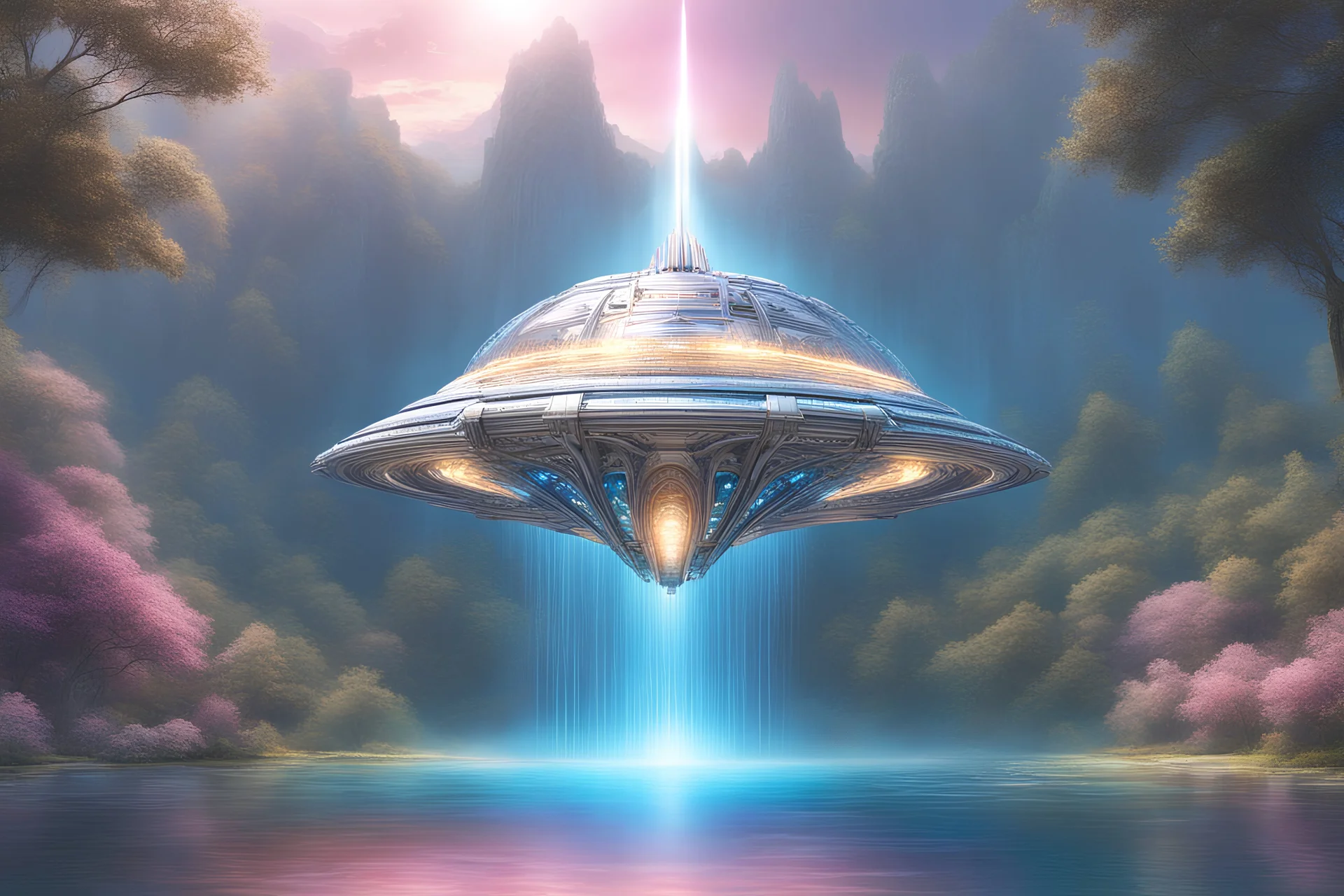 “Large metal spaceship emitting rays of light, coming out of blue lake with blue crystal in the center, flower meadows, light blue, silver, pink, gold, waterfalls, tropical trees, rays of light, intricate details, decorative details”