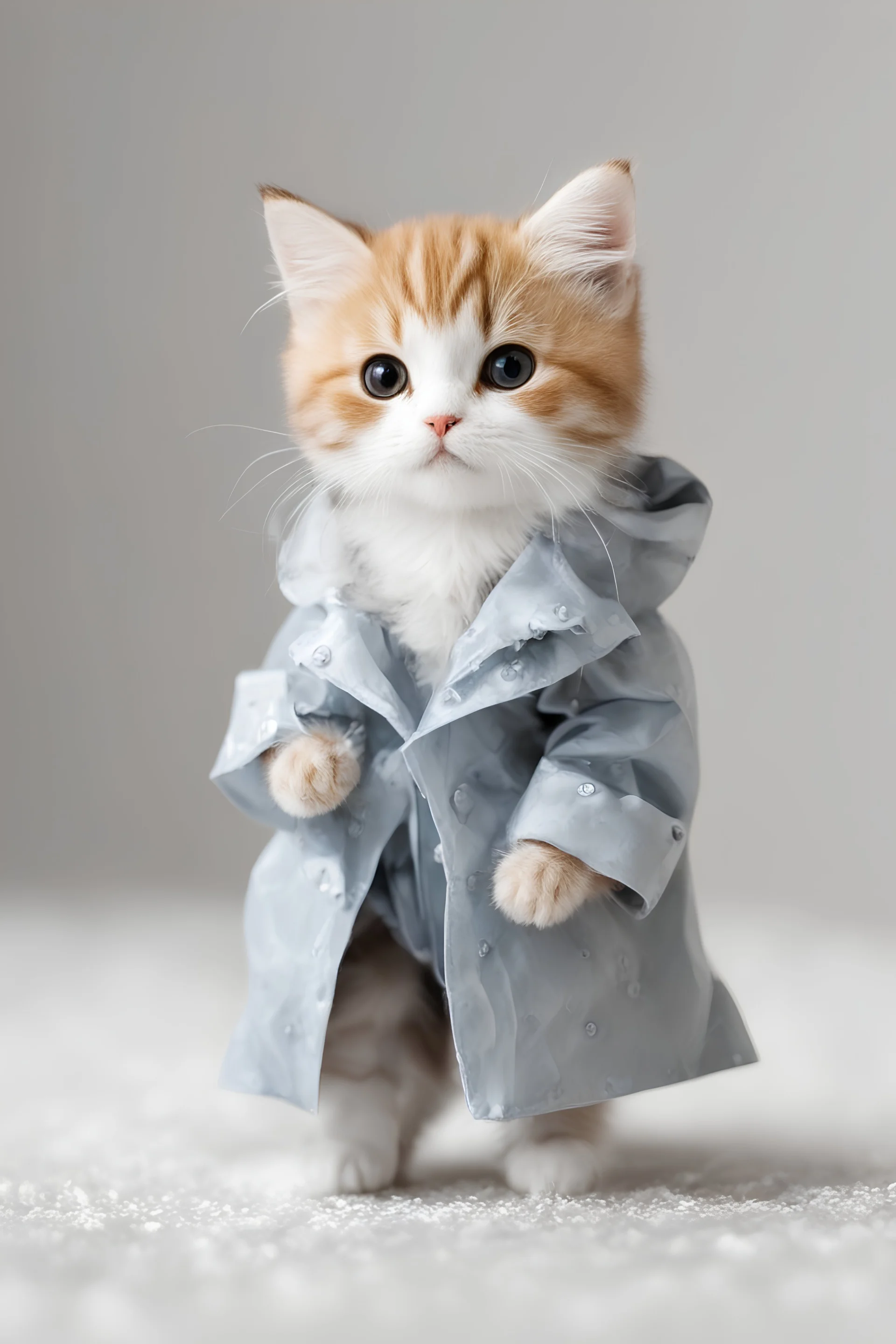 baby cat in raincoat. Chibi, Photograph, Canon DSLR, Tilt - shift, white background, high definition, Complete and coordinated composition, 8k