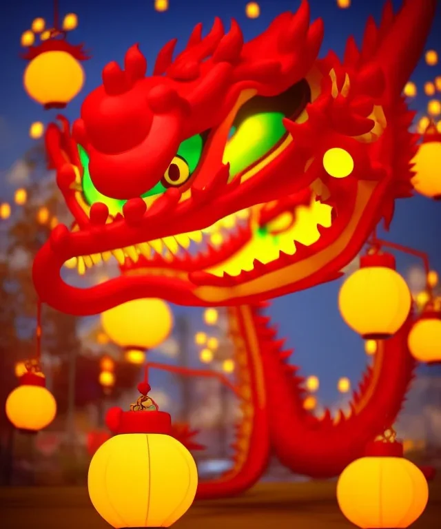 cute baby chinese dragon surrounded by lanterns, colorful detailed photo realistic 3d pixar render 4k, trending on artstation