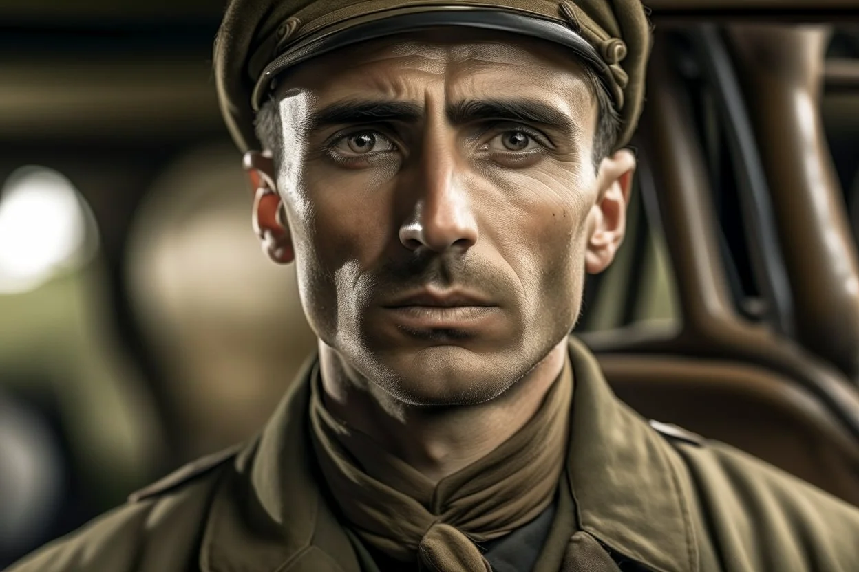 ww1 driver talking close-up standing up looking to the camera, ww1 garage background