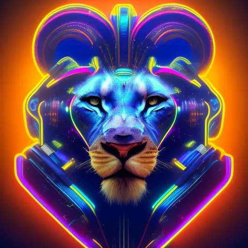 A beautiful portrait of a cyborg lion blue neon color scheme, high key lighting, volumetric light high details psychedelic background