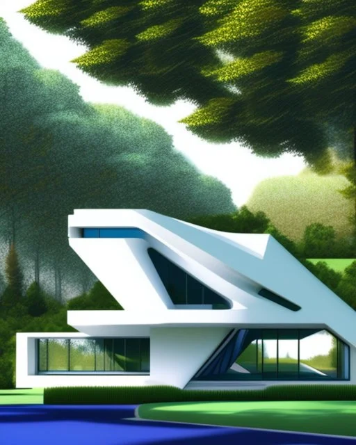 Cartoon of a modern country house, (((Zaha Hadid))) style, trees, two people, car next to it. Complementary colors. 3D