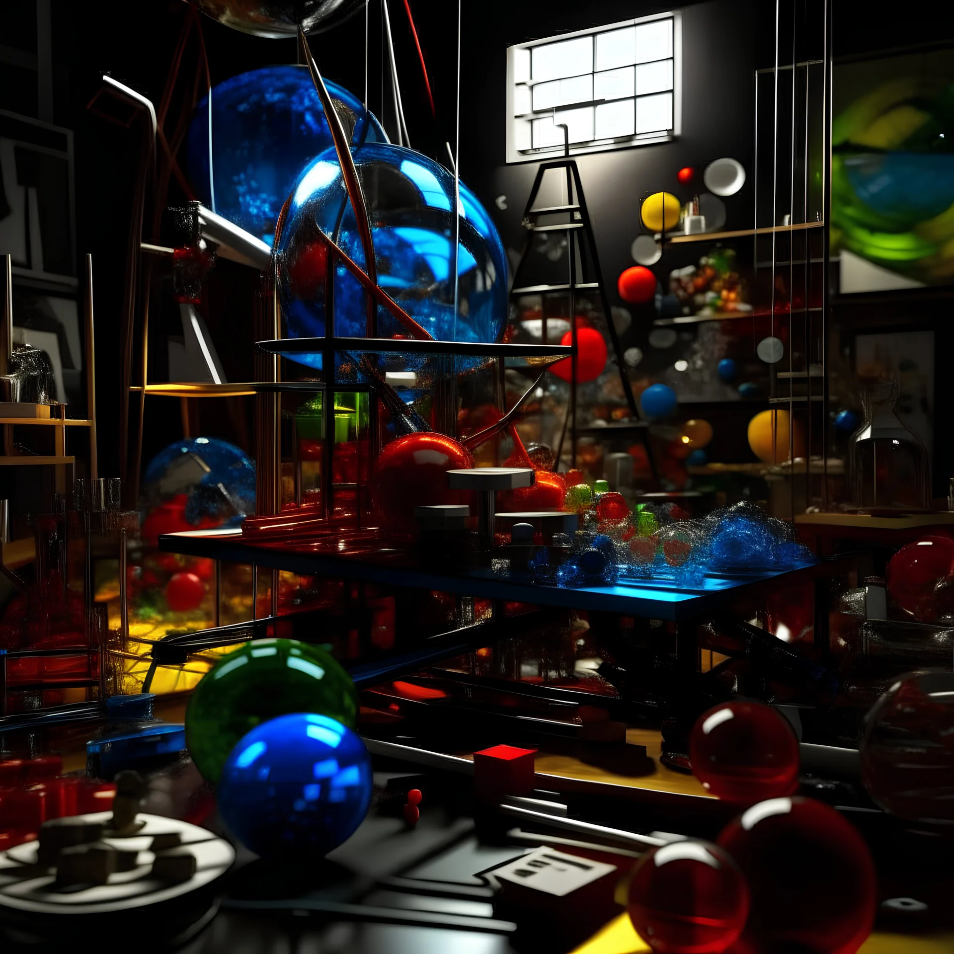 rube goldberg of mixed-glass 3d shapes that were composed as a art installation, studio lighting, gallery cyc background, cinematic, dramatic angle, depth of field