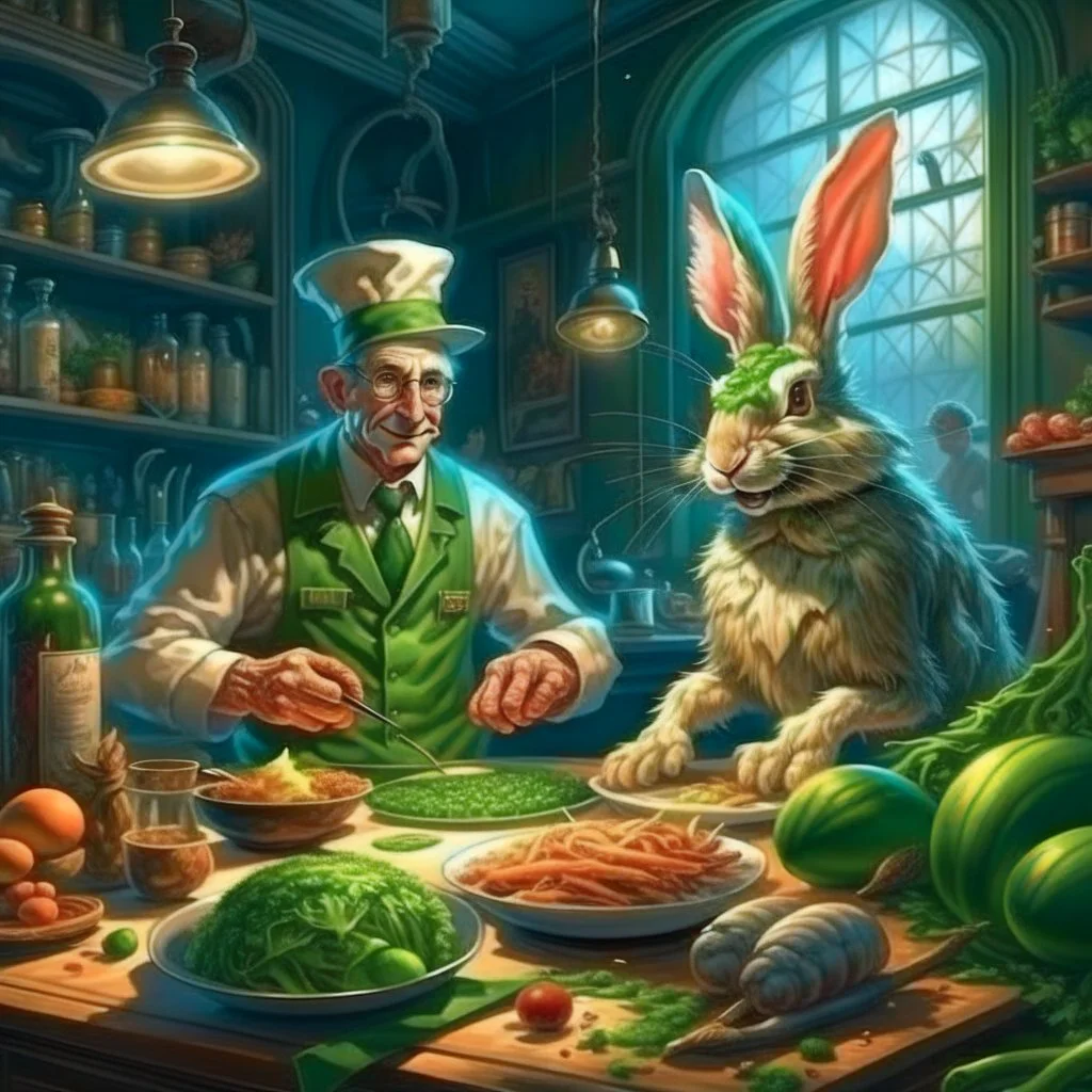 portrait of crazy scientist and army officer irradiating food inside grove with huge fluffy hare in the style of Escher, 4 k, down-light, soft light, depth of field, photo realism, trending on art station, high detail, spray paint