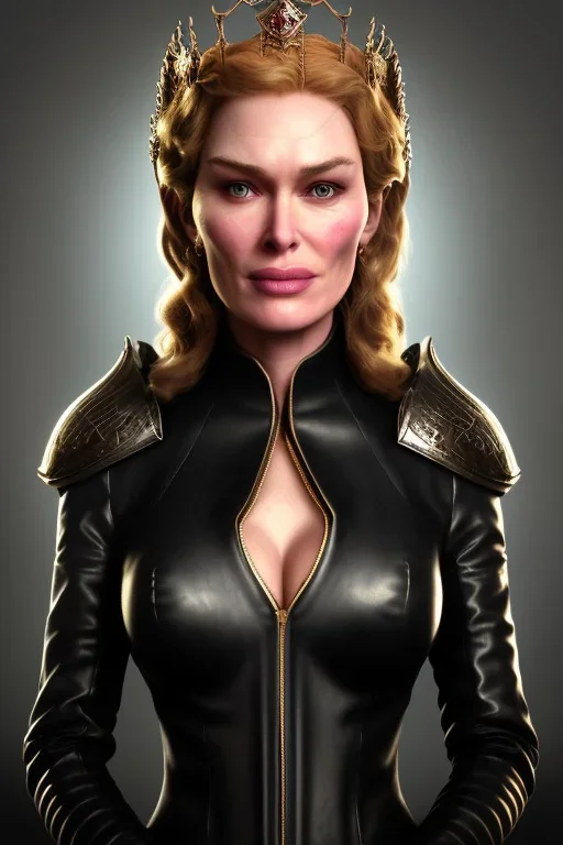 Cersei Lannister as evil queen in black leather coat, busty, cleavage, voluptuous, lena headay, angry, stern look. character design by cory loftis, fenghua zhong, ryohei hase, ismail inceoglu and ruan jia. unreal engine 5, artistic lighting, highly detailed, photorealistic, fantasy