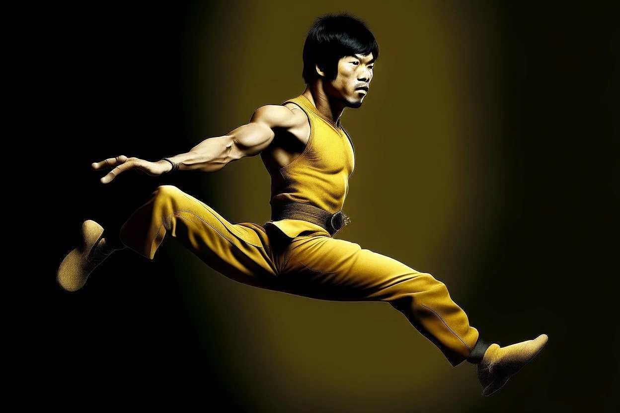 bruce lee,photo realism,in,his,prime,doing,flying,kick