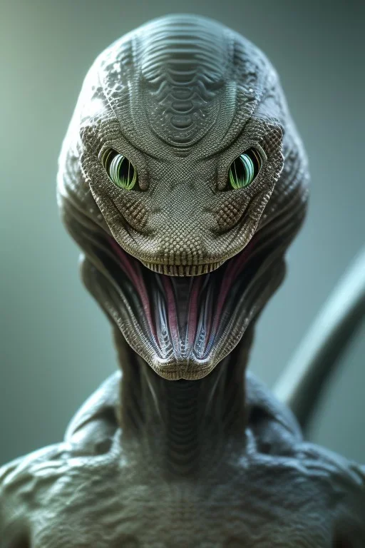 snake alien, head,8 eyes, smile, 8k, with hairs, finely detailed, photo realistic, HR Giger style