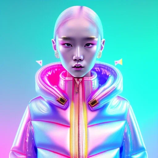 asian woman teenager, few freckles, gold teeth, padded coat, gummy style, retro futuristic, latex dress, gradient color, BLUE, PINK, CYAN, neon, insanely detailed, 16k resolution, perfect eyes, cinematic smooth, intricate detail