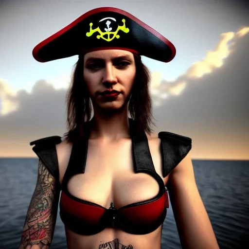 illustrator, hyper realistic, young spanish pirate girl, short hair.lips red smiling. tatoos on neck. dressed in leather and bra. pirate ships. comic pirat flag. high details, thunderstorm. 4k, unreal engine, misty, tintoretto