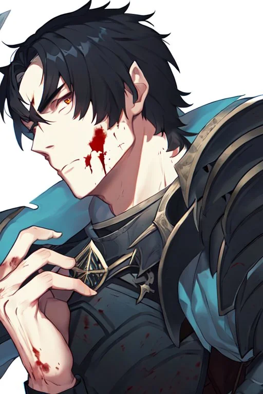 Armored male Knight by webtoon style there are lightning and blood spurts around the man his face pointed at the camera and with a serious look he lets his opponent know that it's his turn