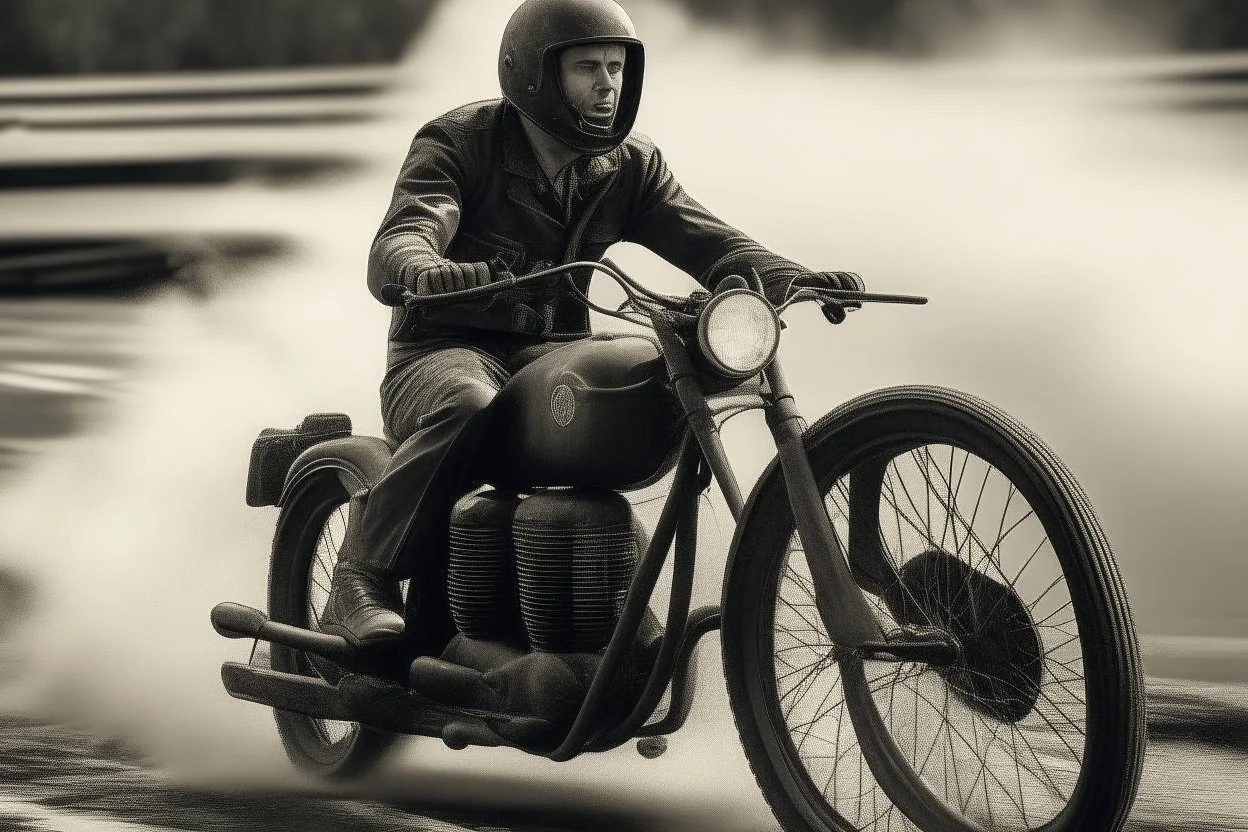 A man riding a vintage motorcycle, with the essence of Grisaille and the fluid dynamics of Ferrofluid surrounding him. -ar 16:9-s 50-