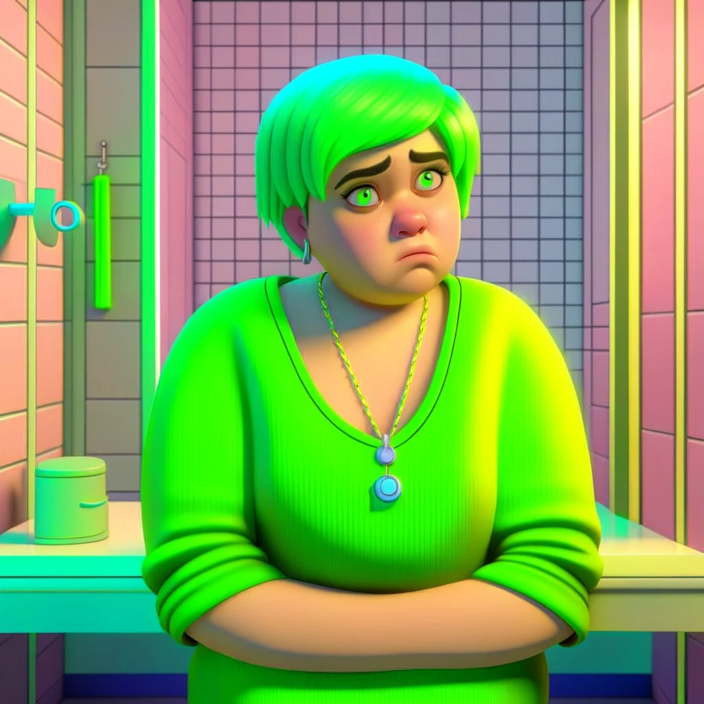 3D,12 years old plus size girl, in the bathroom,necklace,looks exhausted, green short hair, colorful clothes, low cut,childish