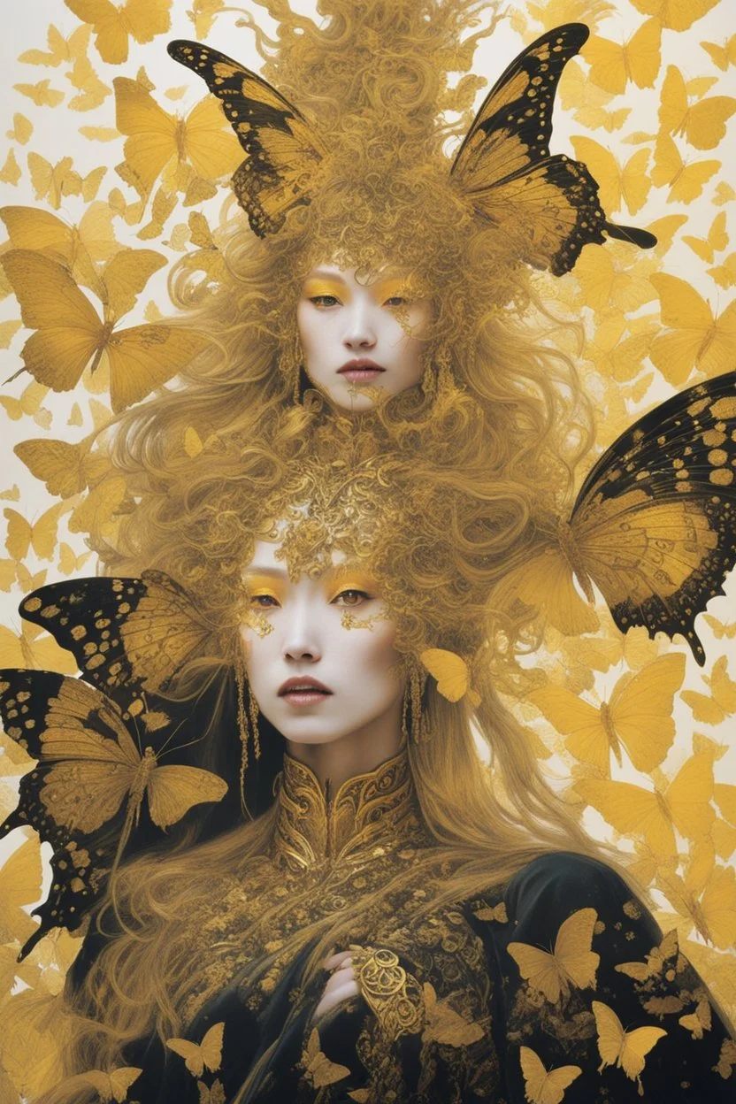 style of Yoshitaka Amano ~ Butterfly Empress, long huge flowing gold hair, yellow eyes. dressed in a cosmic gold plated Armor made of gold butterflies. standing in a room made of butterflies. surrealist. Shades of luminous black and yellow piercing shadow, reminiscent of Beuys and Qian Xuan.