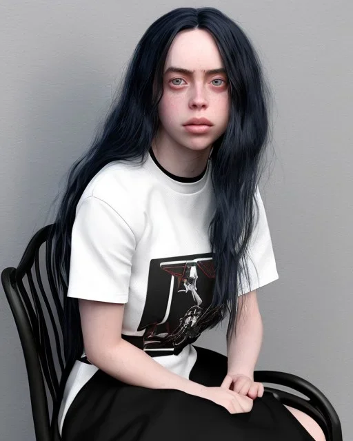 Billie Eilish, sitting on a chair, Black Short Dress, high detail, realistic