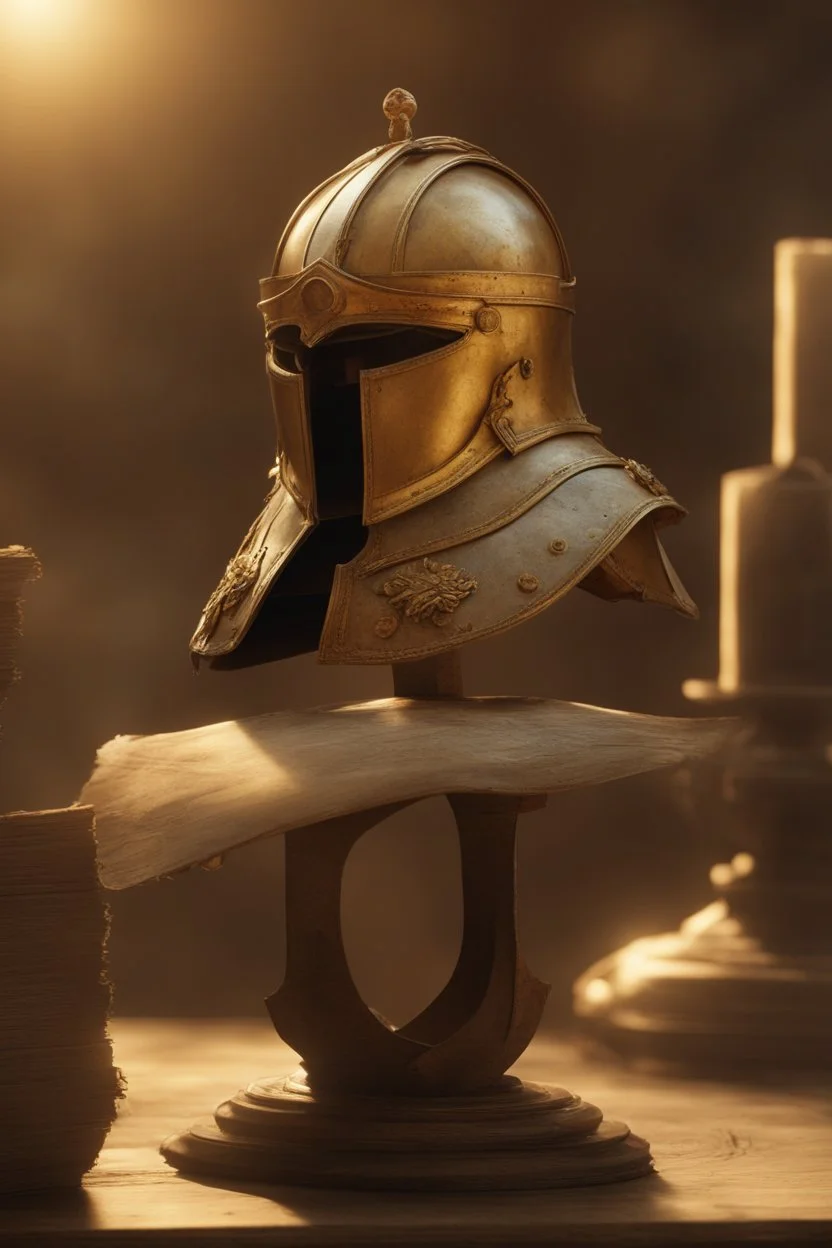 The Roman centurion's golden helmet lies on an old cracked wooden table. Next to it on the table is a cross on a string and a scroll of parchment. A ray of sunlight reflects off the helmet. All around is the entourage of ancient Rome. High quality image in 8K