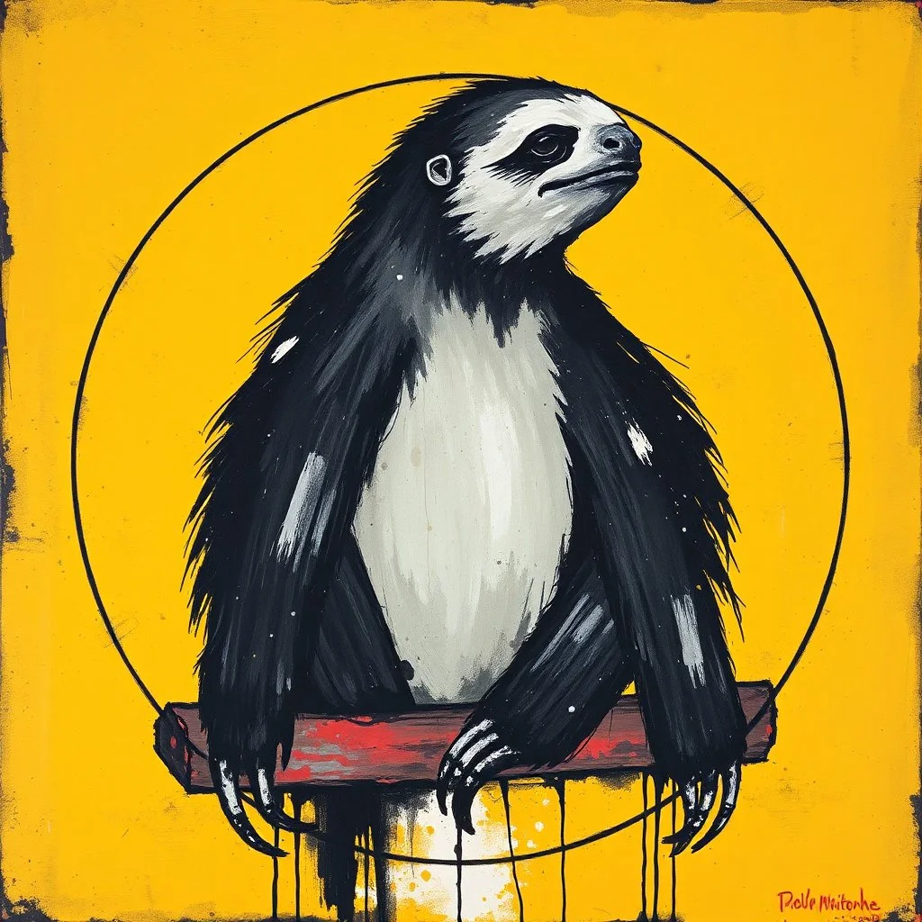 Vitruvian Sloth contrivance, matte alcohol ink oil painting by Colin McCahon and VS Gaitonde, old looking rough brush strokes painting, minimal, surreal, deconstructivism, dull yellow and black and white and pastel red color scheme