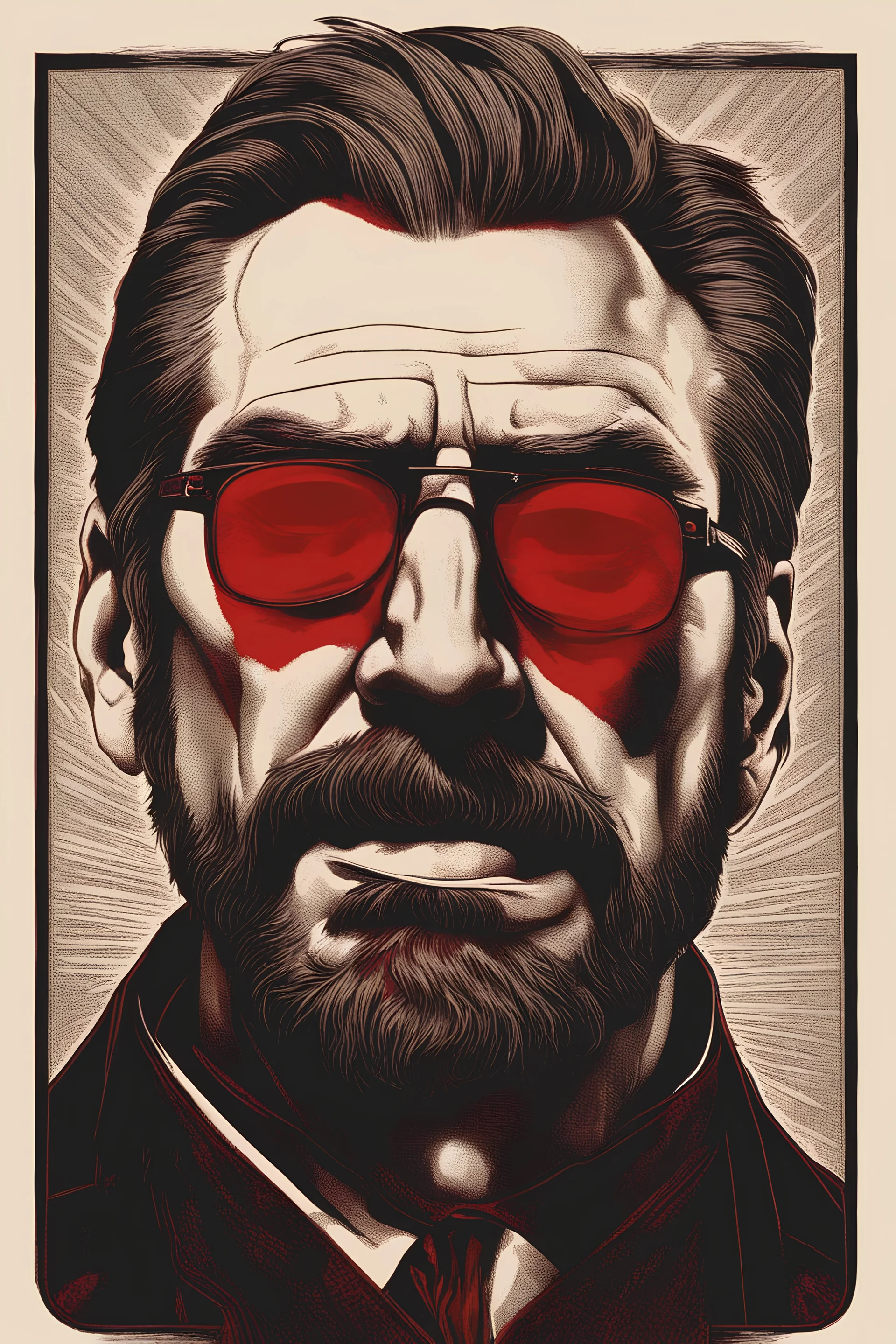 a devilish, intimidating Hans Gruber wearing red-tinted glasses