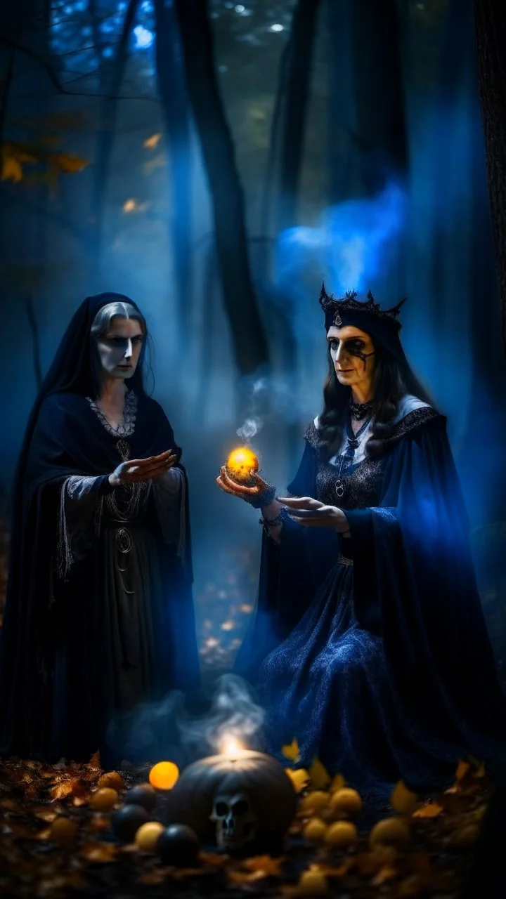 Halloween portrait of merciless medieval countess and her creepy sister, clawed hands, full moon, mist,performing arcane invocation ritual of smoke demon with immense power on luminous stone altar in dark forest grove, down-light, shot on Hasselblad h6d-400c, zeiss prime lens, bokeh like f/0.8, tilt-shift lens 8k, high detail, smooth render, down-light, unreal engine, prize winning