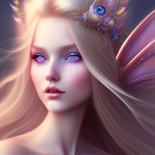 tres belle fairy souriante avec de magnifiques ailes et des cheveux longs blonds,yeux bleus