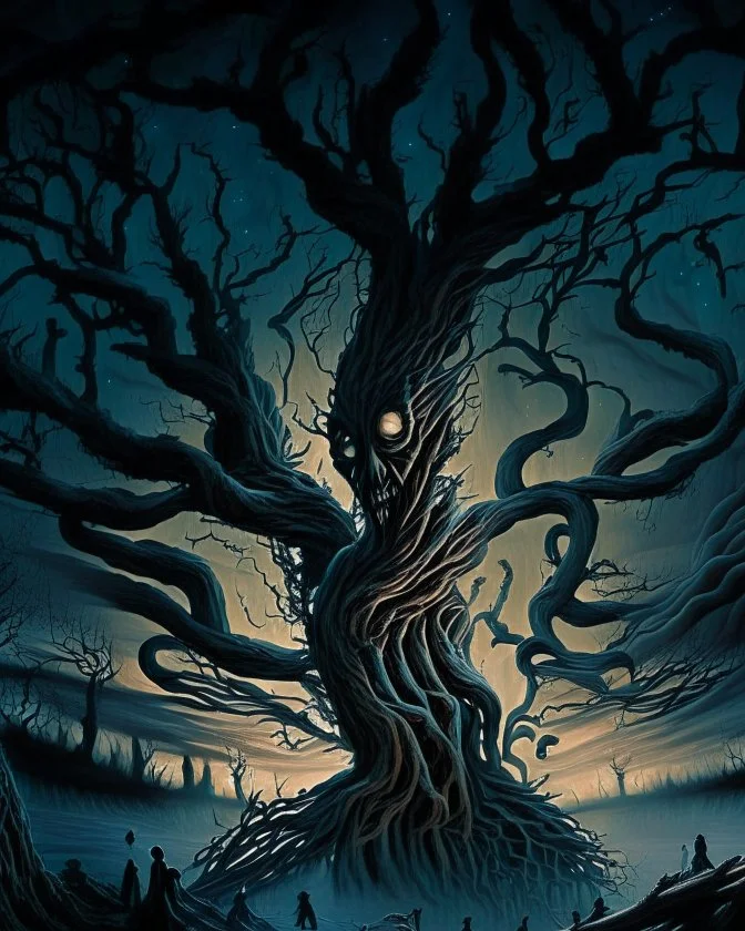 A nightmarish dreamscape with twisted trees and haunting figures.