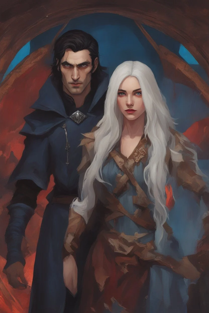 A couple, from the dnd game curse of Strahd. The woman has long white hair and blue eyes, the man has LONG BLACK hair and red eyes, no facial hair. He is standing protectively behind her.