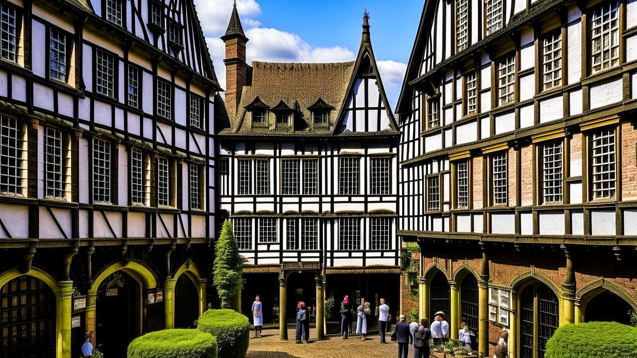 A Paved Courtyard, With Tudor Gothic Houses, Tall twisted Chimneys, warped Rooves, People, Shops,