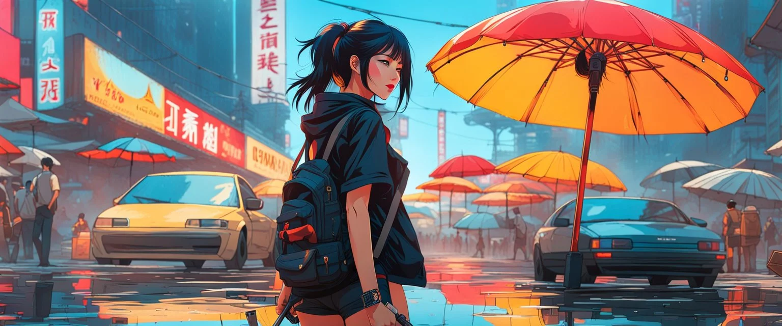 photo-realistic, amazing reflections, wonderful textures, perfect skin, dynamic, cinematic, dramatic, deep low angle: a cyberpunk girl taking selfies on a polluted littered nuclear beach under parasols, everything is shaking by the sound, summer vibe, Akira vibe, Katsuhiro Otomo style, bold vivid colors, sharp shadows, black outlines, very detailed, intricate