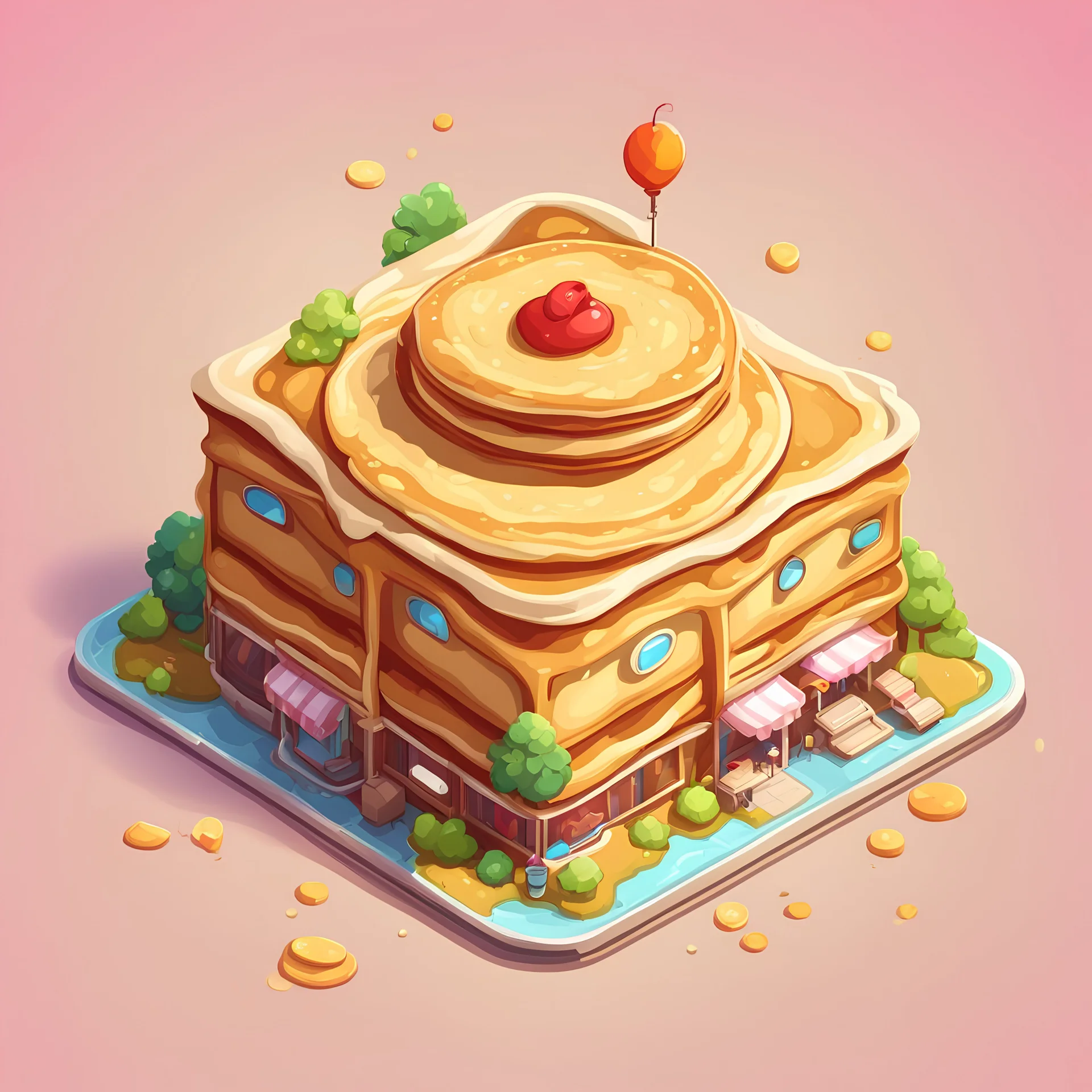 Pancake Dessert into cartoonist building style model isometric top view for mobile game bright colors, color render hyper, lovely, surreal