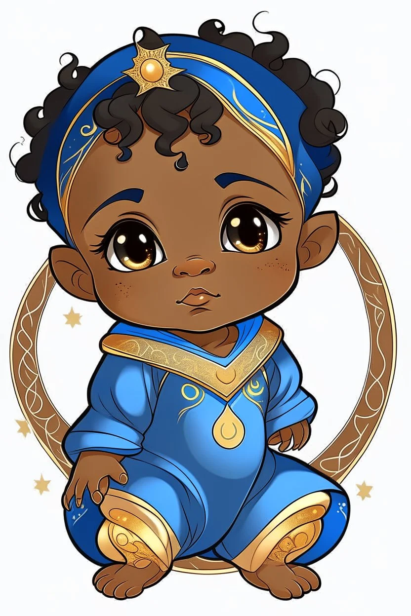 an anime style drawing of a black and asian baby boy. hes wearing blue medieval royal baby onesie. he is sun and moon themed. he is adorable and he has freckles.