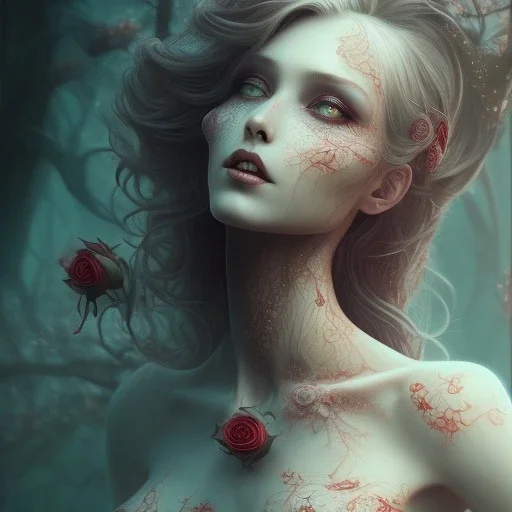 A red rose beautiful VAMPIRE,utra realistic,highly detailed, masterpiece, delicate detailed, sharp focus, insanely detailed, fantasy art, intricate detailed, elegant, fog, Special Lighting, Vibrant, color Scheme, forest, unreal engine 5, trending on artstation by Anna Dittmann