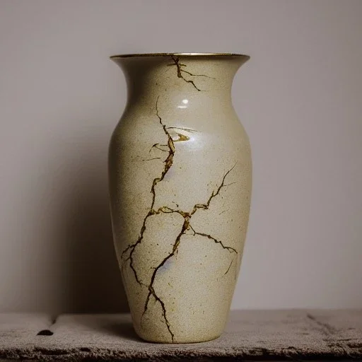 photo of a cracked ceramic vase repaired with gold, kintsugi, beautiful, vines and leaves, rosebuds, delicate, cinematic, high detail, beautiful composition, delicate arrangement, aesthetic, soft lighting, award winning photography, tender