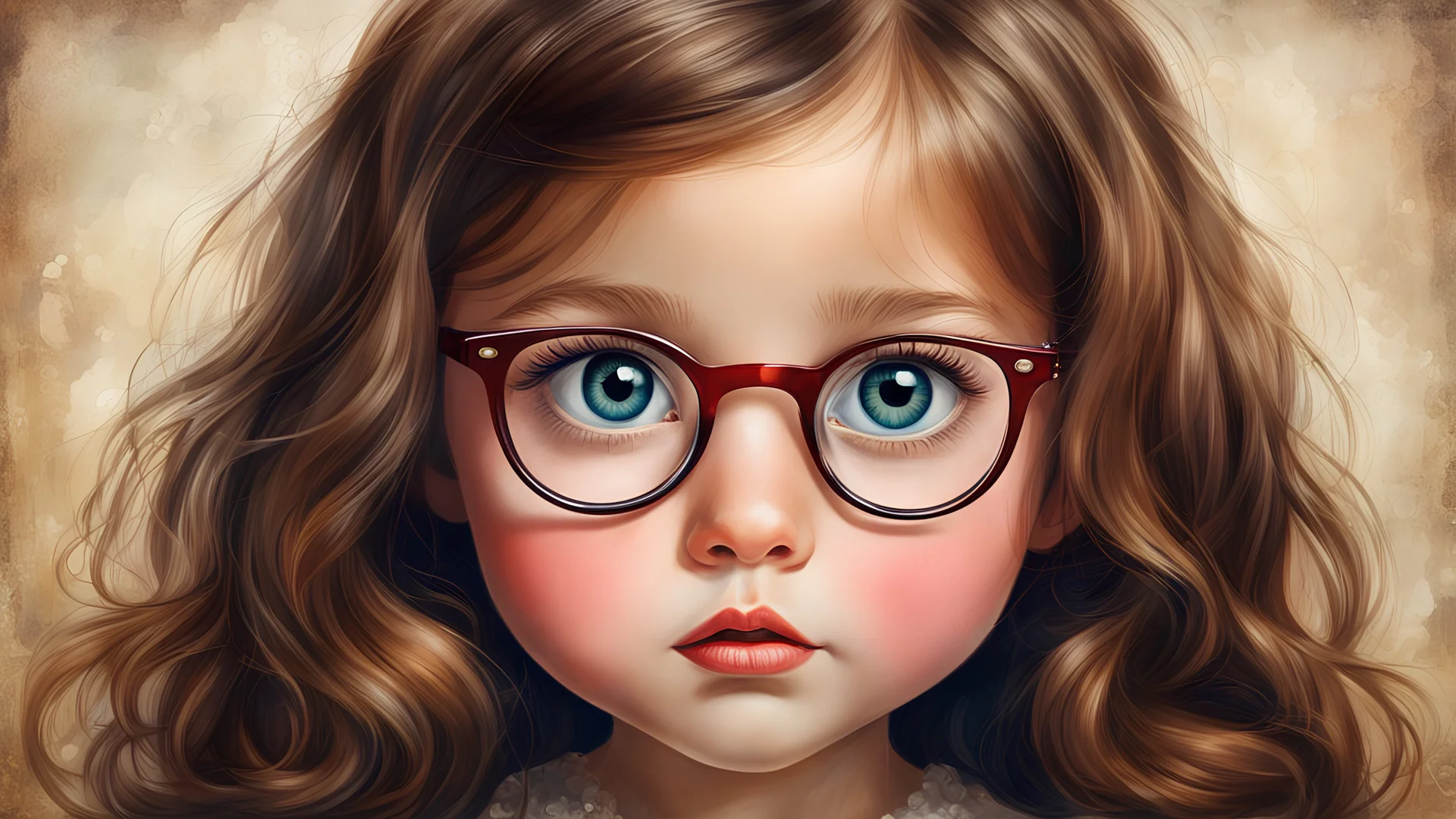 Little girl , in the style of Margaret Keane, long hair, ,very huge damp eyes, large vintage glasses, close up, very long eyelashes, freckles, red nose