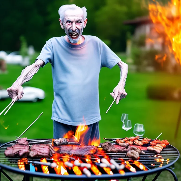 crazy man in his sixties in his yard, having a barbecue